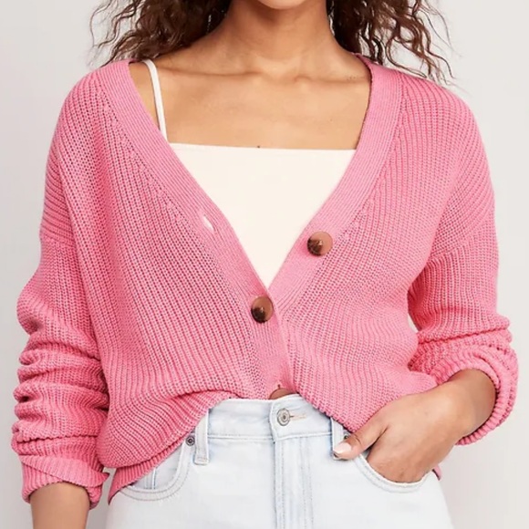 Old Navy Shaker-Stitch Cardigan Sweater Pink Sparkle Berry Size Large - Picture 1 of 12